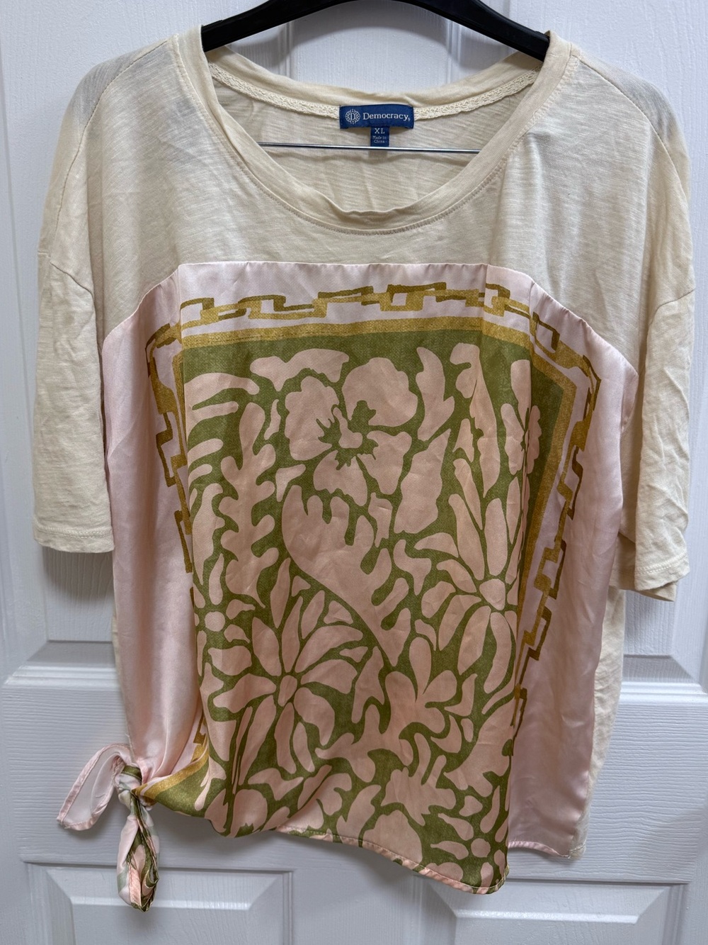 Democracy Pink, Cream & Olive Floral Short-Sleeve Top, Size XL